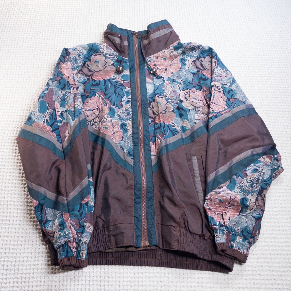 Vintage Active Stuff Floral Tapestry Nylon Track Jacket Brown Teal Mauve Medium